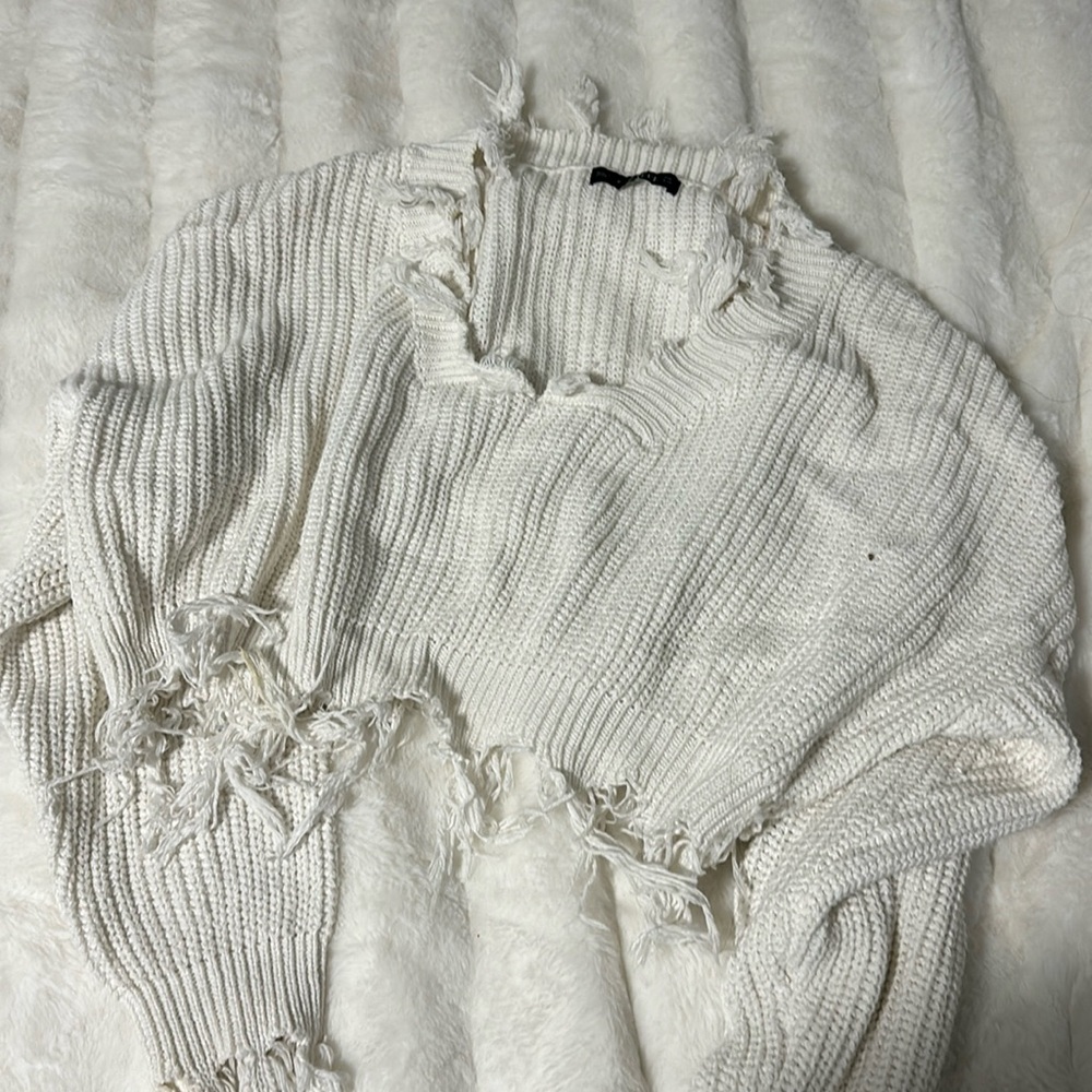 Waffle Knit Fringe Hem Crop Sweater